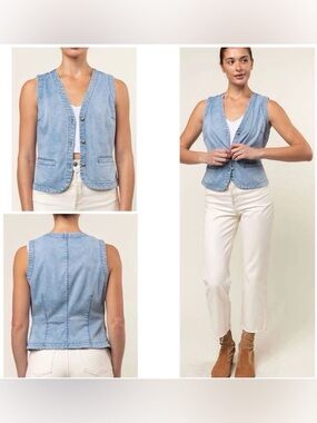 Light Wash Tencel Denim Look Vest - Sleeveless Button Front